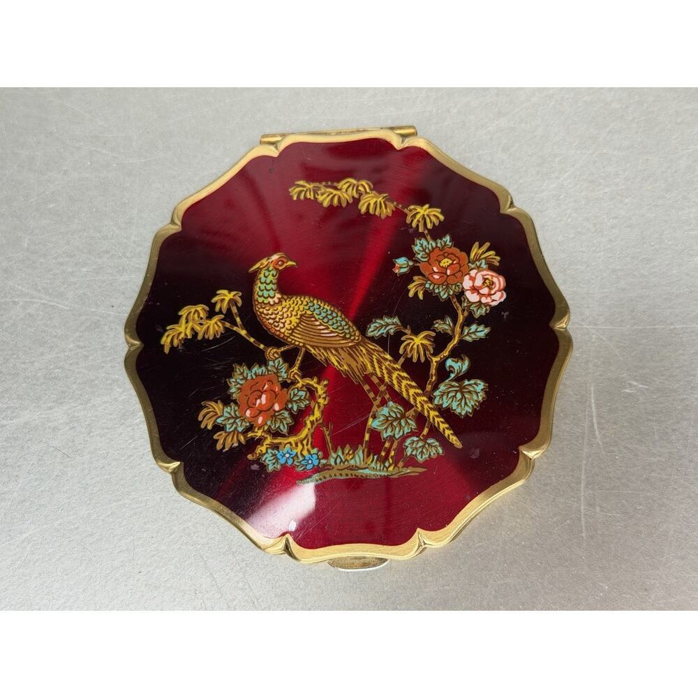 VINAGE Stratton Compact Red Enamel Golden Pheasant Made in England Glam Regal